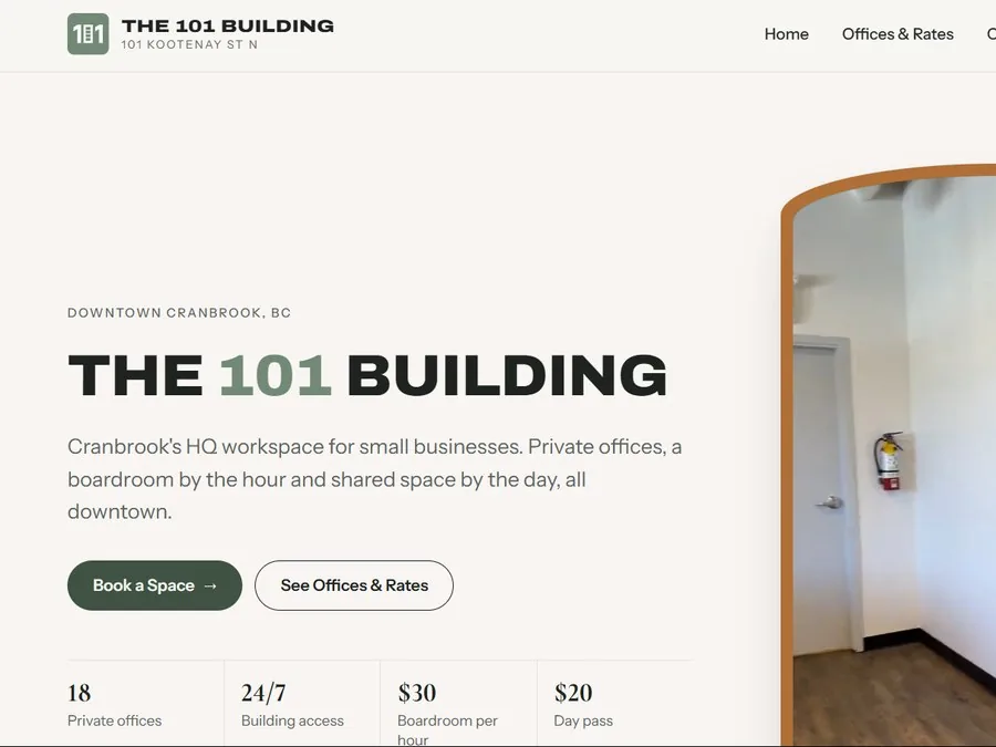 The 101 Building website hero, showing the building name, stats and an interior photo